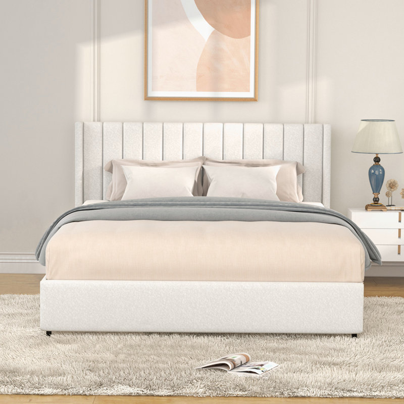 Mercer41 Patented 2 Drawers Storage Bed Queen Size Ivory Boucle Upholstered Platform Bed Tufted Headboard Wayfair